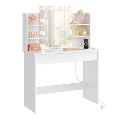 WOLTU Coiffeuse avec Miroir LED et Prises de Courant, USB A/Type-C, Coiffeuse Blanche avec Rangement, 2 Tiroirs et 4 Étagères, Meuble Table Maquillage Moderne pour Chambre, 90x135x40 cm, Bois