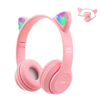 3 en 1 casque pour enfants, lumière LED, Bluetooth, carte TF, casque avec câble, casque stéréo pliable, pour étudiants et filles (rose)