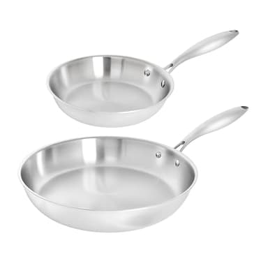 TeCuisine – Lot de 2 Poêles Inox 18/10 Triply – 24 cm – 32 cm – Sans Revêtement – Sans PFAS, PFOA, PTFE – Compatible Tous Feux Dont Induction – Manche Riveté Froid – Cuisson Saine et Durable