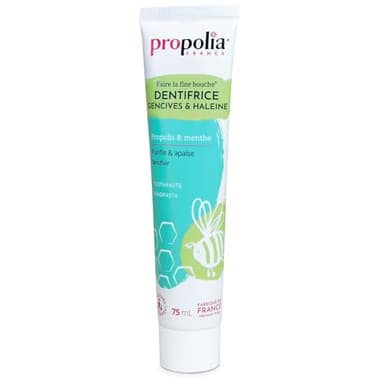 PROPOLIA - Dentifrice Antibactérien pour Gencives sensibles - Soin naturel à la Propolis et Menthe - Action contre les caries & le tartre - Sans fluor - Fabriqué en France - 75 ml
