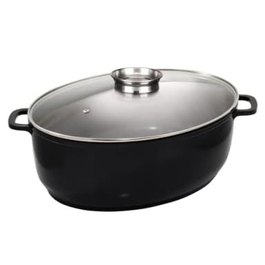 Baumalu, Cocotte Ovale Jumbo en Fonte d'Aluminium Noir, 43 x 33 x 138 cm, Revêtement Anti-Adhérent, Couvercle en Verre avec Bouton "Arome", Résistante au Four jusqu'à 240°C, Tous Feux et Induction