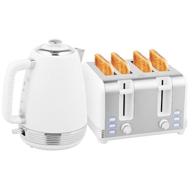 HOMCOM Ensemble bouilloire et grille-pain en inox 2200 W et 1,7 L, grille-pain 4 tranches, 7 niveaux de brunissage, chauffage rapide, thermostat Strix, filtre anticalcaire et plateau à miettes, blanc
