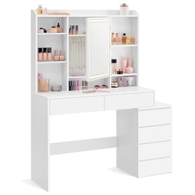 VASAGLE Kailyn Collection - Coiffeuse, Grand Miroir LED à Luminosité Réglable, Table de Maquillage, 40 x 118,3 x 145 cm, Compartiments Ouverts, Étagères Réglables, Moderne, Blanc Nuage RDT624WB01
