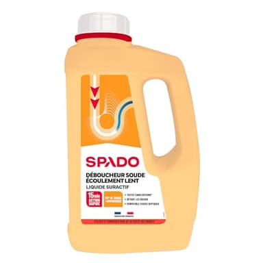 SPADO - Déboucheur liquide - Ecoulement lent - Détruit les odeurs - compatible fosse septique - action dès 15min - soude minérale concentrée 30% - 1 L - Fabriqué en France