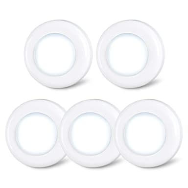 STAR-SPANGLED Lot de 5 petits spots LED tactiles, à coller, fonctionnement à piles, pour intérieur, placard, armoire, meuble de cuisine, blanc froid