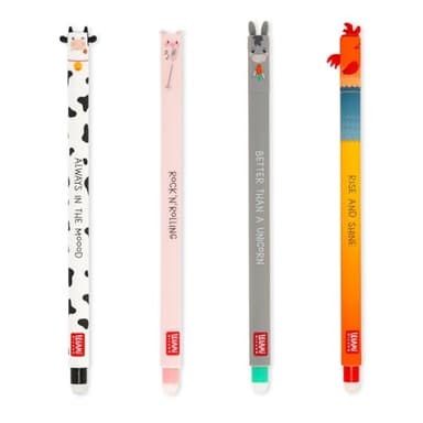 Legami - Set of 4 Farm Sweet Farm Erasable Gel Pens, Stylos à encre thermosensible effaçable, noir, rose, vert, rouge, efface sans consommer de feuille, pointe 0,7 mm
