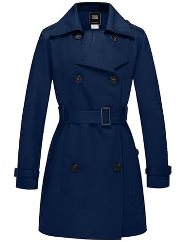 Wantdo Femme Trench-Coat à Double Boutonnage Veste Coupe-Vent à Fermeture Boutonnée Manteaux Ceinturés Mi-Longue Poignets Réglables Épaulettes Marine 12