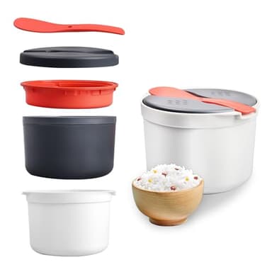 Lot de 5 Cuiseur de Riz Micro Onde, 2L Cuiseur Riz Micro Ondes avec Panier, Cuillère et Couvercle, 18,5x13cm Microwave Rice Cooker, Contenitore Microonde Pour Légumes, Pâtes, Sécurité Lave Vaisselle