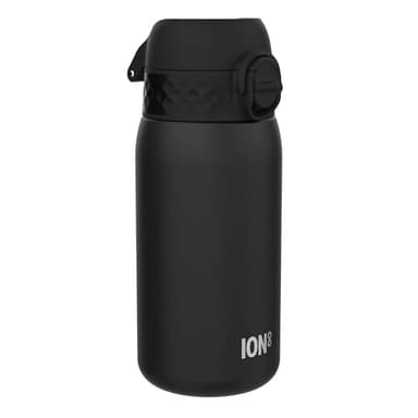 Ion8 Gourde Enfant, Inox Léger, 400ml, Non Isolé, Anti-Fuite, Facile à Ouvrir, Verrouillage Sécurisé, Lavable au Lave-Vaisselle, Poignée de Transport, Acier Inoxydable, Noir