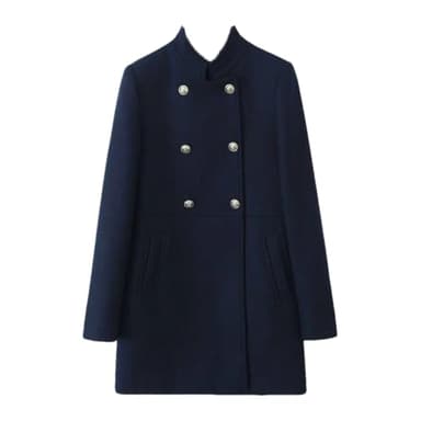 keusyoi Caban d'hiver décontracté pour femme - Double boutonnage - Col montant - Manteau mi-long, bleu marine, S