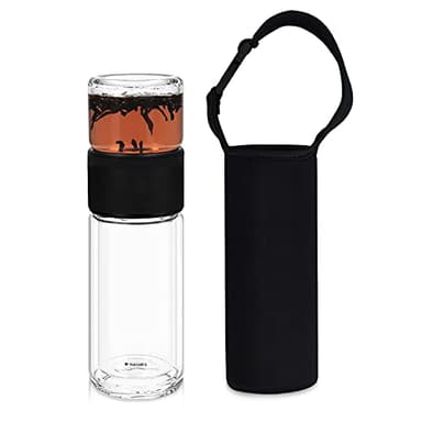 Navaris Bouteille à Thé en Verre - Théière en Verre Borosilicate avec Filtre Infuseur en INOX - Gourde Étanche avec Housse pour Transport - 240mL