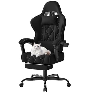 Devoko Chaise Gaming Ergonomique en Tissu, Chaise Bureau Gamer avec Repose-Pieds, Dossier Inclinable, Hauteur Réglable, Massage Lombaire, Fauteuil Gamer Respirant et Anti-Griffes pour Chat, Noir
