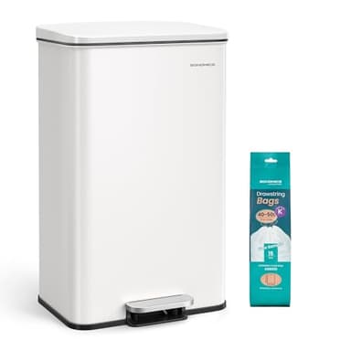 SONGMICS Poubelle de Cuisine 40L, Grand, Corbeille à Déchets à Pédale avec Couvercle, en Acier, Fermeture en Douceur, 15 Sacs Poubelle Inclus, Blanc LTB540W4002