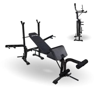 Mobiclinic® fitness, Banc de musculation, Multifonctionnel, Pressfit, Ajustable, Pliable, Acier, Supporte jusqu'à 250 kg, Support pour barres, Idéal les exercices force à la maison