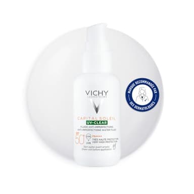 Vichy, Capital Soleil UV Clear, Fluide Anti-Imperfections Visage, SPF50+, Corrige & Protège, Enrichi en Acide Salicylique, Probiotiques et Niacinamide, Pour Peaux Mixtes à Grasses, 40 ml