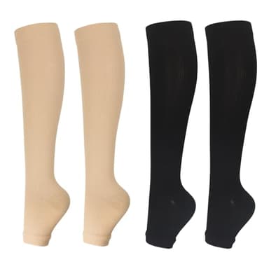 KASLCWA 2 Paires Bas De Compression Pied Ouvert Homme Femme, Bout Ouvert Chaussettes de Contention pour Infirmiere Running Sport Voyage Grossesse (Noir, Couleur Chair)