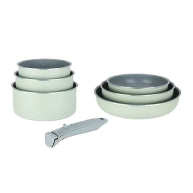 Sitram 716939 Batterie de Cuisine 7 pcs Alu Pressé Vert + Revêtement Céramique sain Sans PFAS – 3 poêles Ø20/24/28cm + 3 casseroles Ø16/18/20cm + Manche Amovible - Tous feux dont induction