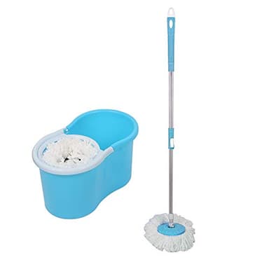 Set Classic Mop, Seau essoreur avec Lave-Sol, Balai à Franges en Viscose très absorbantes, Presse Manuelle à Double entraînement -A, Bleu