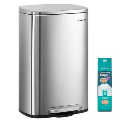 SONGMICS Poubelle Cuisine 50 L, Poubelle Bureau, Fermeture en Douceur, avec Pédale, en Acier, Seau Intérieur, Argent LTB050E01