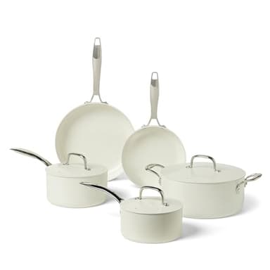 Amazon Basics Lot de 8 Casseroles et Poêles Antiadhésives en Céramique, Compatible Lave-Vaisselle et Four, Compatible Tous Feux, Couleur Ivoire