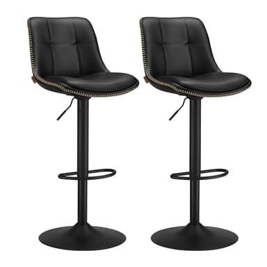 VASAGLE Tabourets de Bar, Lot de 2, Chaise de Cuisine, Siège Pivotant à Hauteur Réglable, Matelassé, en PU, avec Dossier et Repose-Pieds, Salle à Manger, Comptoir, Acier, Noir d'encre LJB095B01