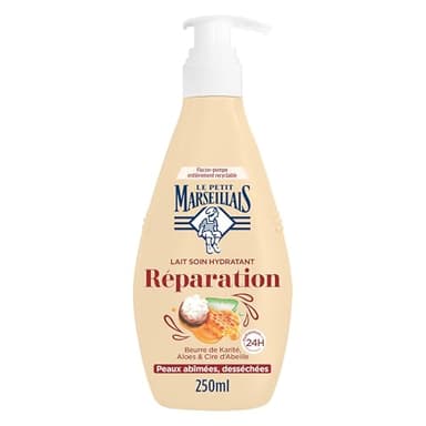 Le Petit Marseillais - Lait Soin Hydratant Réparation (Flacon-Pompe de 250 Ml) – Lait Corps pour Peaux Abîmées et Desséchées Hydratation 24H – Lait Corporel au Beurre de Karité,Aloes et Cire d'Abeille