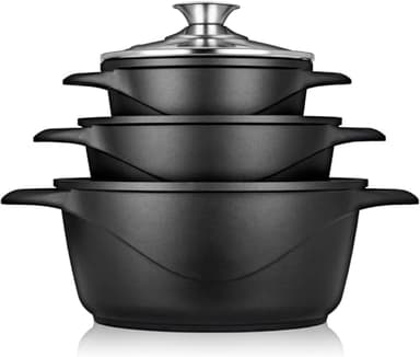 briebe Batterie de Cuisine Induction 6 Pièces, Ensemble de 3 Casseroles en Fonte d'Aluminium, Antiadhésive ILAG GRANITEC sans PFOA, Couvercles en Verre, Gants en Silicone, Tout Feux et Four, MGK-18