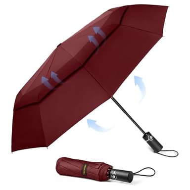 TECKNET Parapluie Pliant Coupe-vent, Parapluie de Voyage Automatique, Grand Parapluie Résistant au Vent avec 10 Baleines, Parapluie de Golf Solide et Léger, Parapluie Compact, Rouge