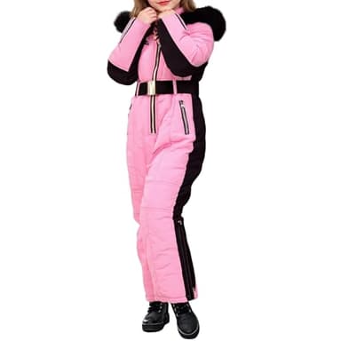 LOSVIP Combinaison de ski thermique pour enfant, garçon et fille, avec capuche en fourrure, matelassée, chaude, avec poche zippée et ceinture, Rose, 11-12 ans