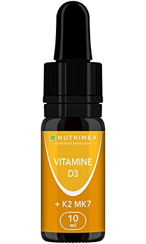 VITAMINE D3 - Avec K2 MK7 - Vitamines d'Origine Végétale & Huile d’Olive BIO - Renforce l'Immunité, Santé des Dents, Os, Muscles - Nutrimea - Flacon Compte-Gouttes - Fabriqué en France
