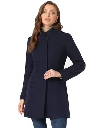 Allegra K Manteau d'hiver mi-long à col montant simple boutonnage pour femme, bleu marine, XL