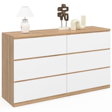 IDMarket - Commode 6 tiroirs TOMI XXL 140 cm Bois façon hêtre et Blanc