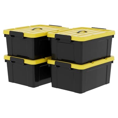 Cetomo Lot de 4 boîtes de rangement empilables en plastique avec couvercle et boucles de verrouillage sécurisées, noir, 40 l