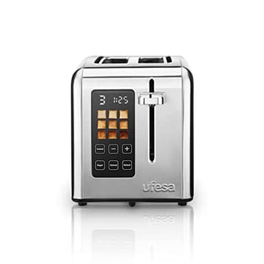 Ufesa FutureToaster, Grille-Pain Digitale, 2 Fentes, Acier Inoxydable, 950W, Écran, 9 Niveaux de Grillage avec Image, Décongélation, Réchauffage et Annulation, Programme Spécial pour Bagels