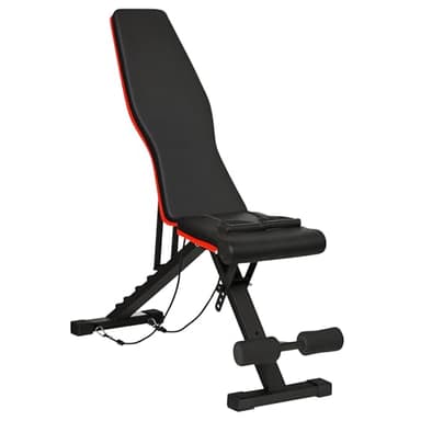 HOMCOM Banc de musculation pliable dossier réglable 6 niveaux assise ajutable 4 niveaux coussin dossier assise rembourrés acier revêtement synthétique 130 x 34 x 109 cm noir et rouge