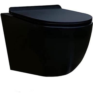 WC Suspendu noir mat Sans Bride avec Fixations Invisibles + Abattant Ultra Fin Déclipsable + Frein de Chute (Noir mat)