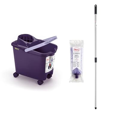 Mery | Ensemble Seau + vadrouille + bâton | Seau d'égouttement Automatique à roulettes Violet et Lilas, 14 L | Lavage en Microfibre Super Absorbant | Canne télescopique en Acier laminé