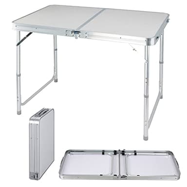 Table de Marché Pliante 120cm, Stand Exposition Aluminium Hauteur Réglable 3 Niveaux, Table Camping Robuste 4,3kg, Valise Transportable avec Poignée, Plateau MDF pour Brocante et Buffet Fête, Blanc