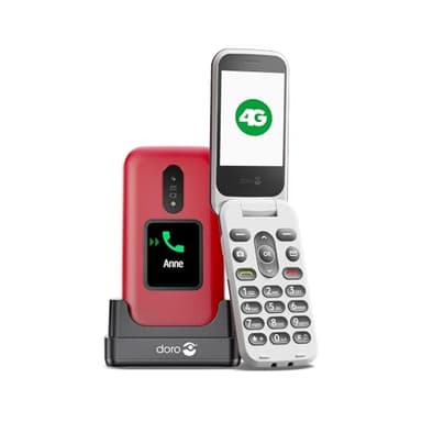 Doro - 2880 - Téléphone Portable Senior - Téléphone À Clapet 4G - Double Écran Et Grandes Touches - Touche d'Assistance - Caméra - Fonction HD Voice - Socle Chargeur Inclus - Rouge/Blanc