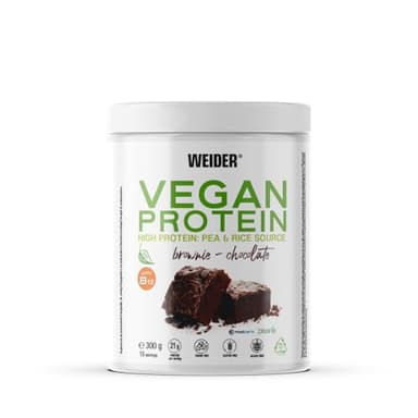 Weider Vegan Protein (300g) Goût Choco-Brownie, Protéines 100% Vegetal 21g/dose, Pois (Isolat Pisane) & Riz, Avec Vitamine B12 & Stevia, Sans Gluten, Sans Sucre, Emballage 50% Recyclé, 100% Recyclable