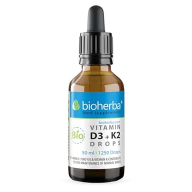 Vitamine D3 + K2 en gouttes – Formule haute teneur avec MK-7 et huile MCT | 50 ml (1250 gouttes) | Vegan & sans additifs – par Bioherba (1)