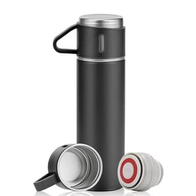 500 ml Bouteille Isotherme,Gourde Isotherme Etanche avec Tasse et Couvercle,Gourde Inox Isotherme,Gourde Isotherme,Thermos isotherme en métal,Bouteille d'eau sans BPA,Pour Sport,Voyage(Noir)