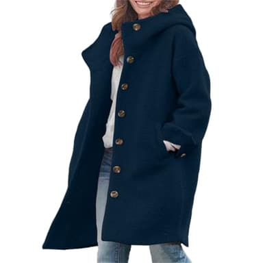 Novlewign Manteau en laine mélangée pour femme - Décontracté - Manches longues - Simple poitrine - Chaud - Pour l'hiver - À capuche, bleu marine, XX-Large
