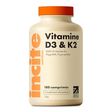 Incite Nutrition Vitamine D3 2000 UI + K2 (MK7) 100 µg – 180 Comprimés Végétariens de Qualité – 12 Mois d'Approvisionnement – Vitamine D3 + K2 de Haute Concentration – Fabriqué au Royaume-Uni
