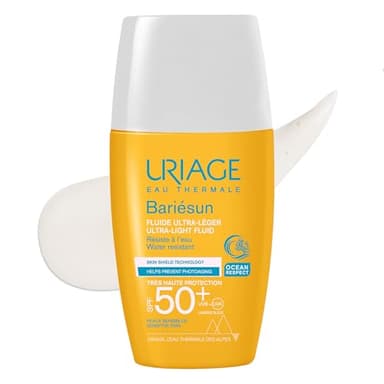 Uriage Bariesun Fluide Solaire Ultra Léger SPF50+ - Très Haute Protection UVA/UVB & Lumière Bleue - Ultra Résistant à l'Eau - Peaux Sensibles - Format de Poche - Sans Parfum - Non Comédogène - 30ml