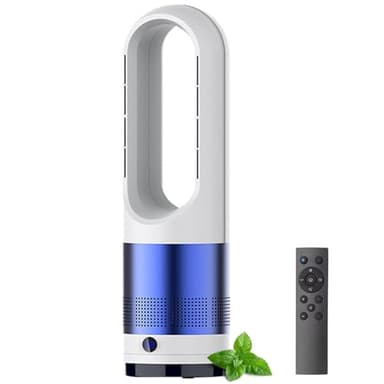 Ventilateur tour chaud et froid avec télécommande, ventilateur sans pales de 18 pouces avec minuterie 8 heures, 8 vitesses, écran LED, oscillation 80°, ventilateurs sur pied à circulation white+blue