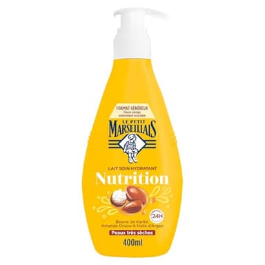 Le Petit Marseillais - Lait Soin Hydratant Nutrition (Flacon-Pompe de 400 Ml) – Lait Corps pour Peaux Très Sèches Hydratation 24H – Lait Corporel au Beurre de Karité, Amande Douce et Huile d'Argan