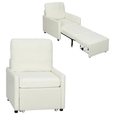 HOMCOM Fauteuil Convertible 1 Place, Fauteuil-lit en Polaire Teddy avec Rangement caché, Assise Large et rembourrée, Poches latérales, Coussin, canapé-lit pour invités, Salon, Petits espaces, crème