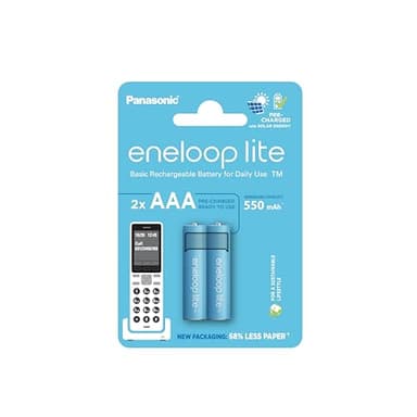eneloop lite, piles rechargeables AAA/Micro, lot de 2, capacité de min. 550 mAh, piles Ni-MH, prêt à l'emploi, rechargeables jusqu'à 3000 fois, emballage sans plastique, lite, bleues