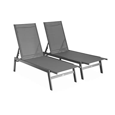Alice's Garden sweeek - Lot de 2 transats Anthracite. 5 Positions. en textilène et métal. Flora. L155 x P59 x H106cm